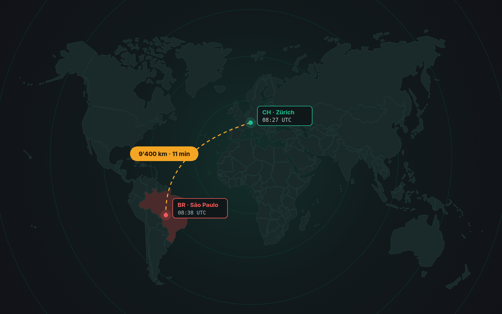 Map showing a sign-in from Switzerland followed 11 minutes later by one from Brazil