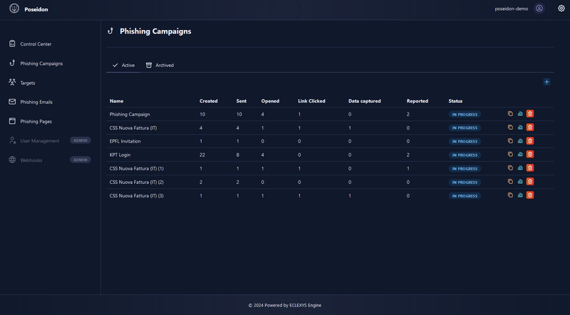 A screenshot showing the campaigns management section of POSEIDON